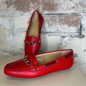 Talbots 7.5 red leather loafers, flats, gold chain, mobwife, office